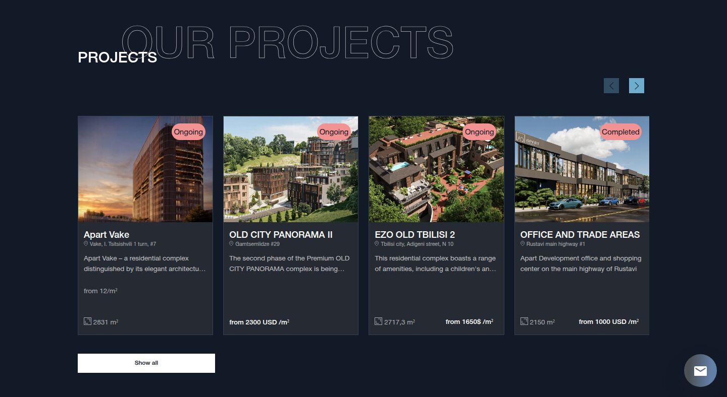 Сайт Apart Development в тёмной теме: раздел «Our projects» с карточками жилых комплексов